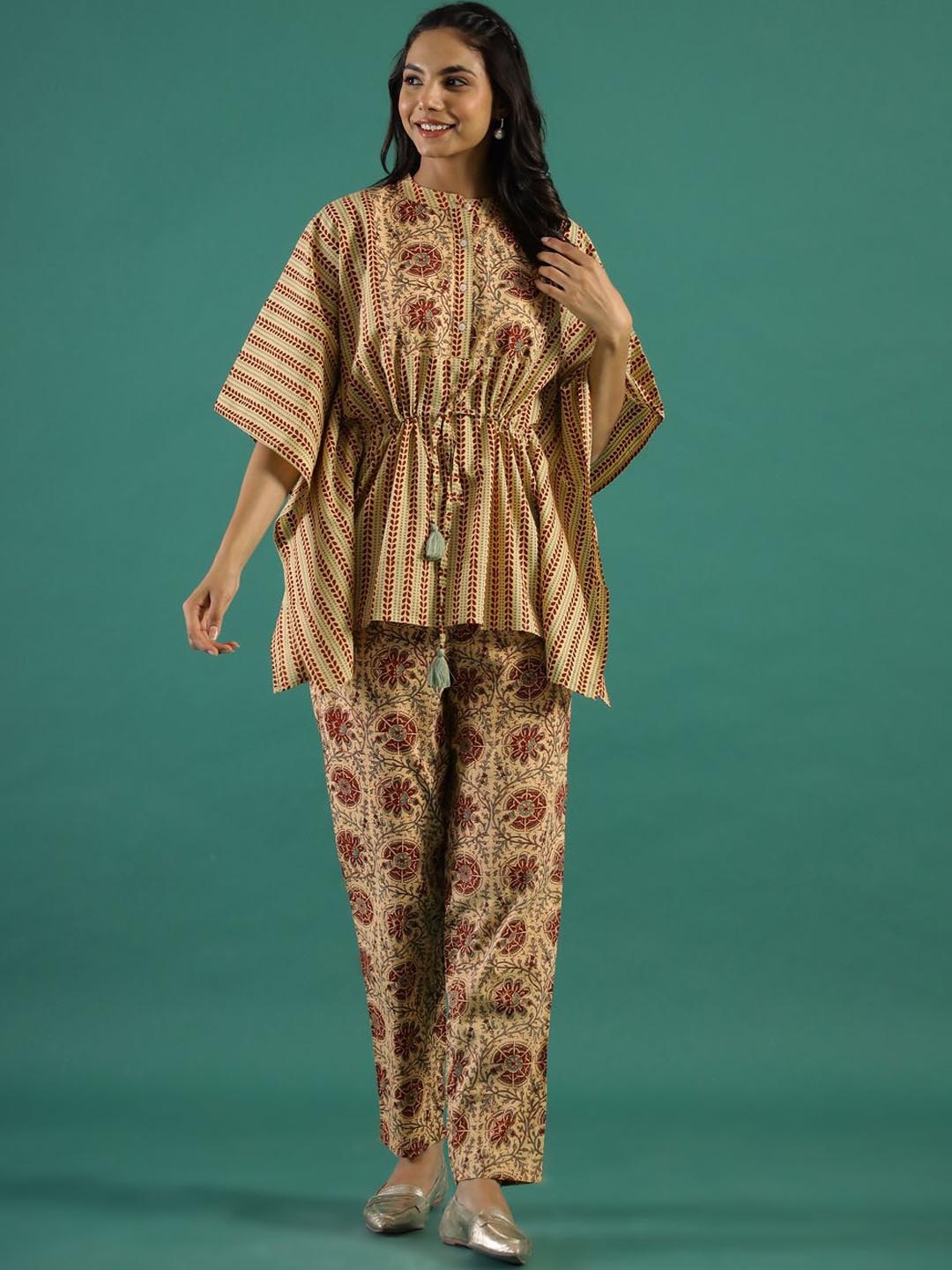 

Sangria Printed Pure Cotton Top With Trousers Co-Ords, Mustard