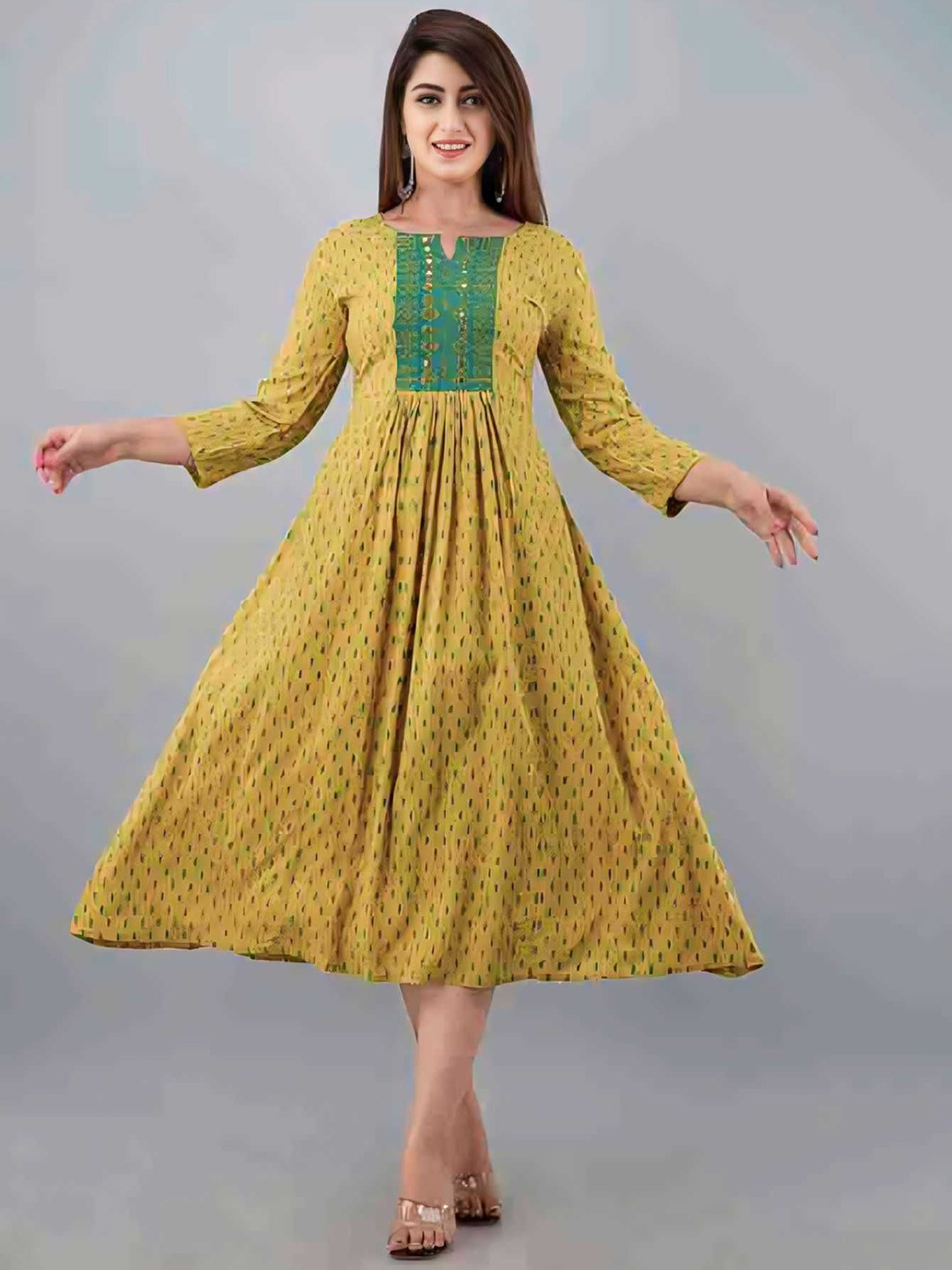 

VYKOO Ethnic Motifs Printed Notch Neck Gathered Midi Fit & Flare Dress, Green