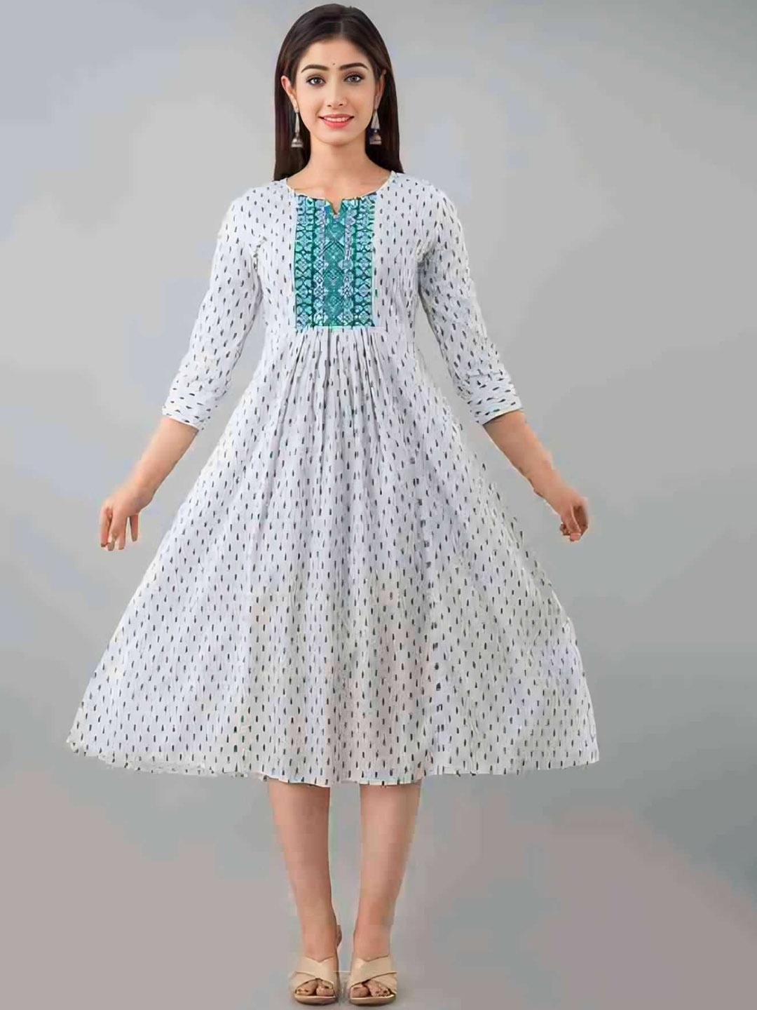 

VYKOO Ethnic Motifs Printed Notch Neck Gathered Midi Fit & Flare Dress, White