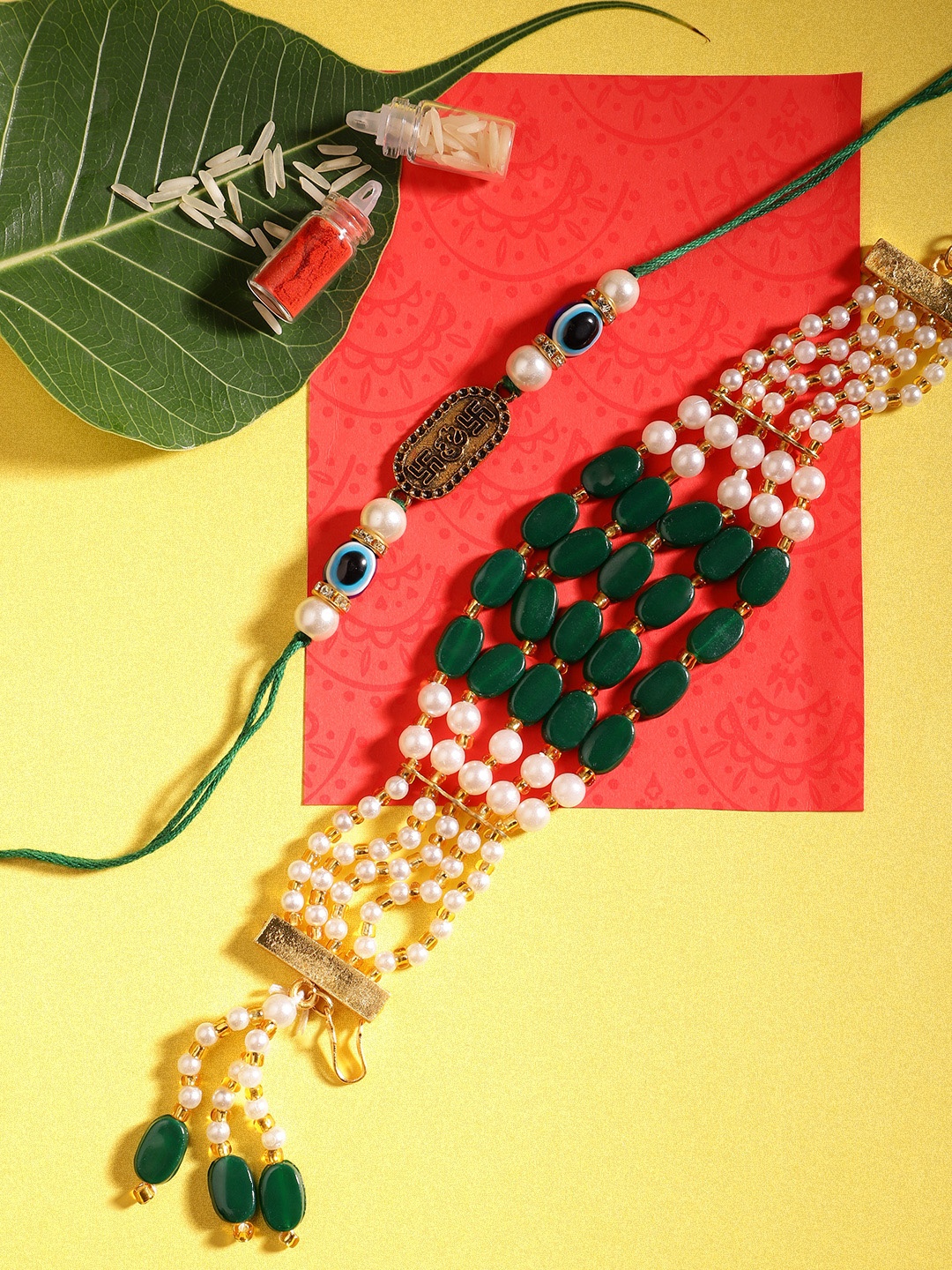 

Anouk Unisex Set of 2 Beaded Bhai Bhabhi Rakhis With Roli & Chawal, Green