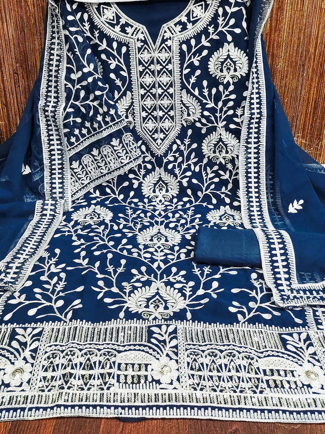 

KIMISHA Ethnic Motifs Embroidered Sequinned Unstitched Dress Material, Blue