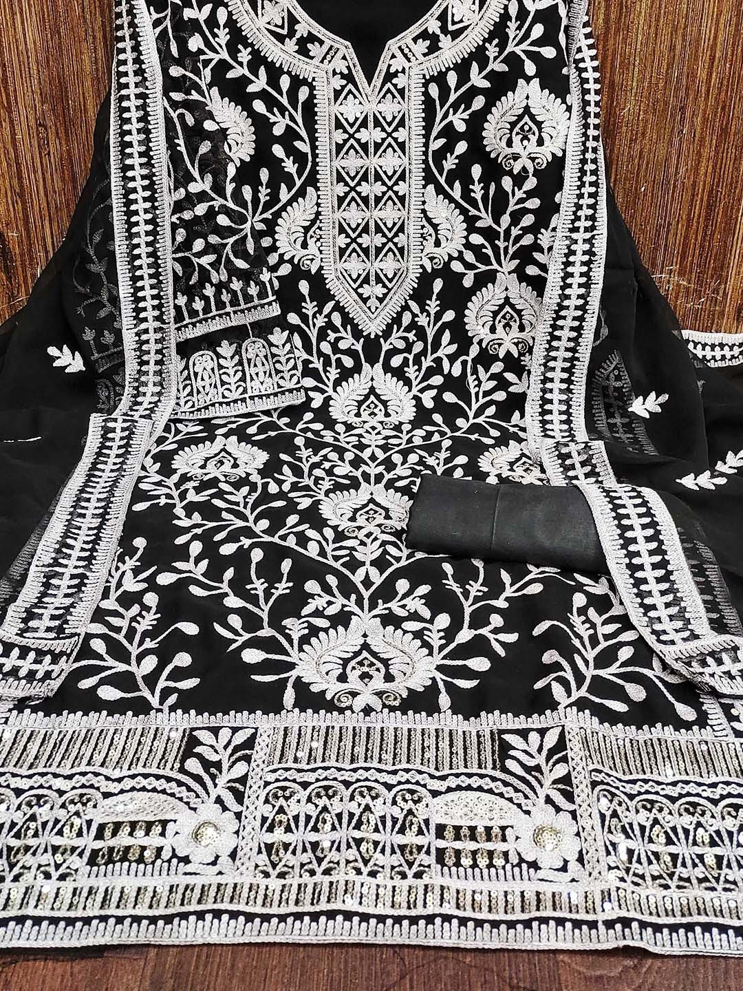 

KIMISHA Floral Embroidered Sequinned Unstitched Dress Material, Black