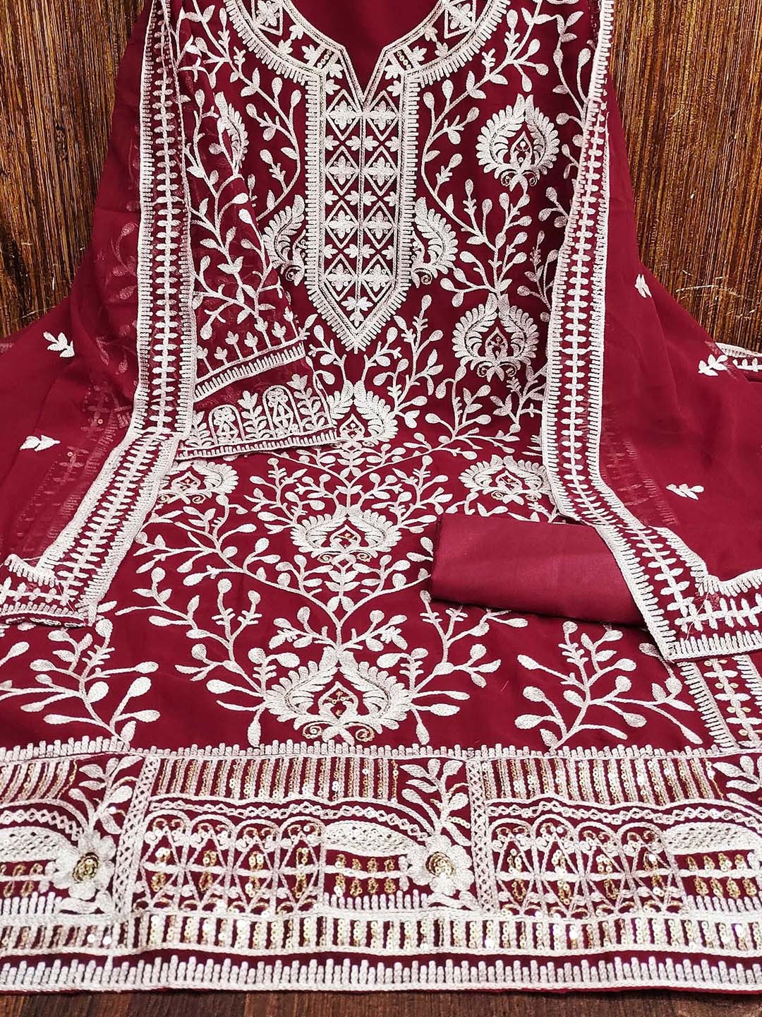 

KIMISHA Ethnic Motifs Embroidered Sequinned Unstitched Dress Material, Red