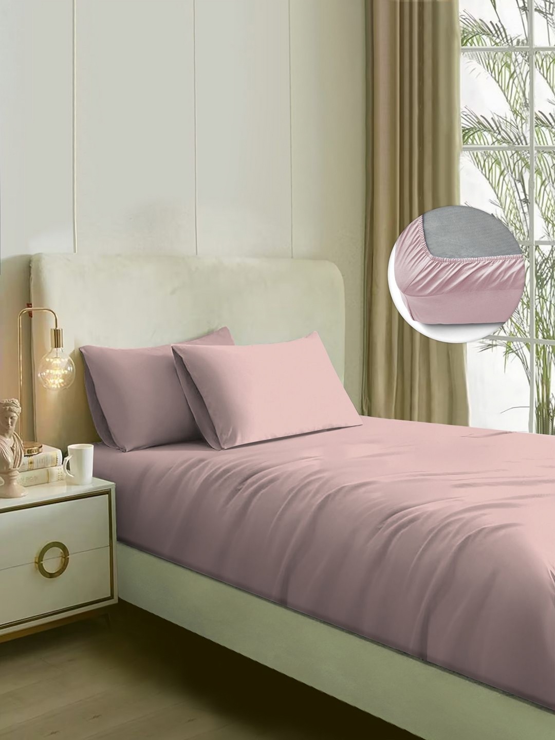 

Naksh Rose Gold Fitted Cotton 210 TC King Bedsheet with 2 Pillow Covers
