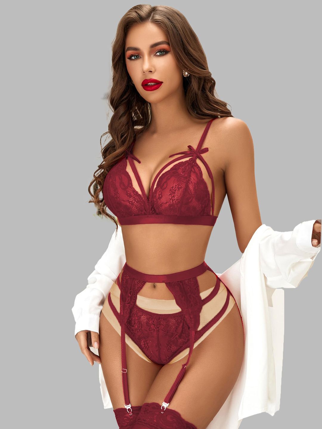 

FIMBUL Net Self Design Baby Doll, Maroon