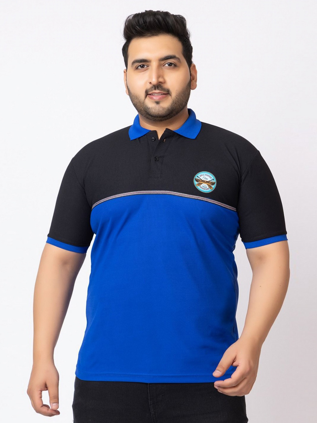 

Bell Paper Men Colourblocked Polo Collar Applique T-shirt, Blue