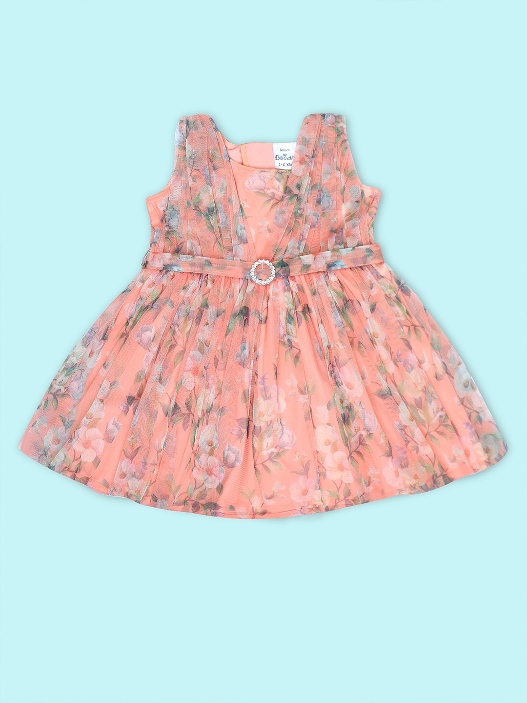 

Doodle Girls Floral Printed Pleated Net Fit & Flare Dress, Coral