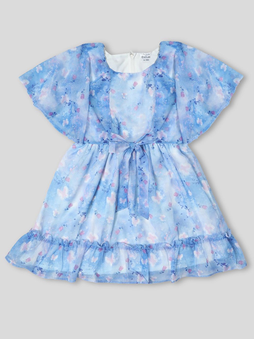 

Doodle Girls Floral Print Flared Sleeves Chiffon Fit & Flare Dress, Blue