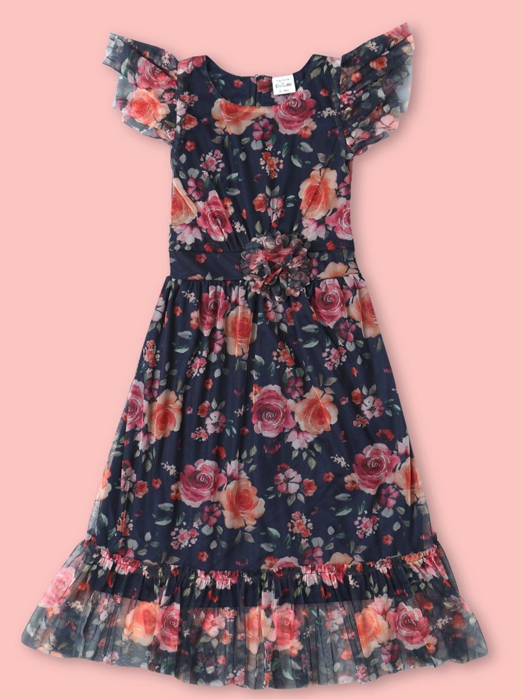 

Doodle Floral Print Flutter Sleeve Net Fit & Flare Dress, Navy blue