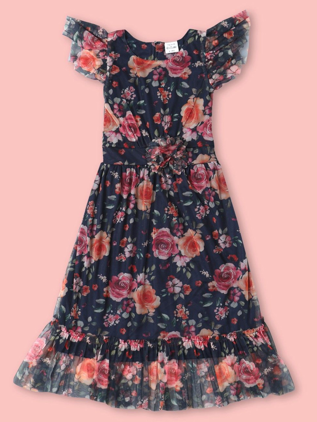 

Doodle Girls Floral Printed Flutter Sleeve Net Fit & Flare Dress, Navy blue