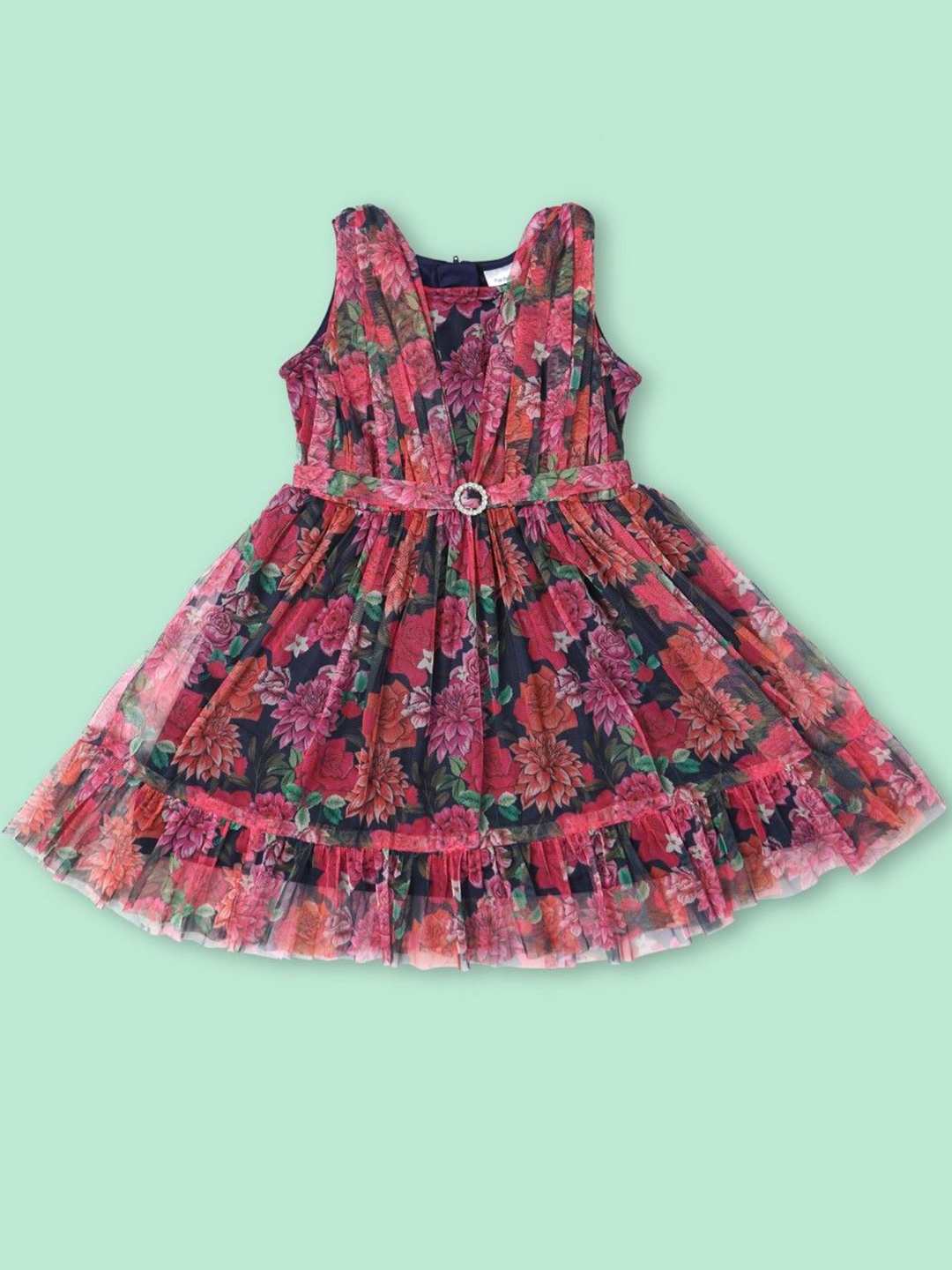 

Doodle Girls Floral Printed Net Fit & Flare Dress, Red