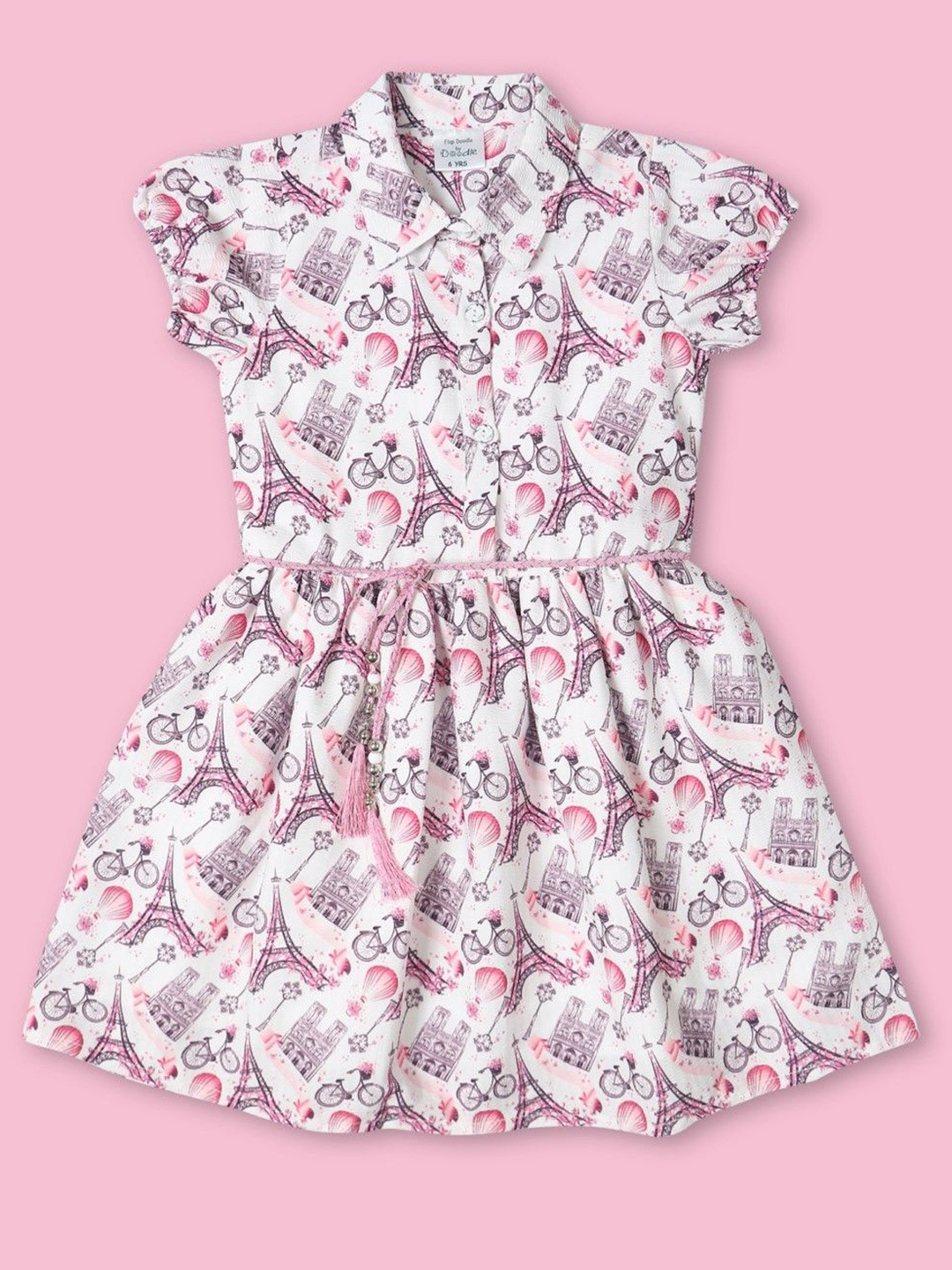 

Doodle Girls Printed Cotton Fit & Flare Dress, Off white