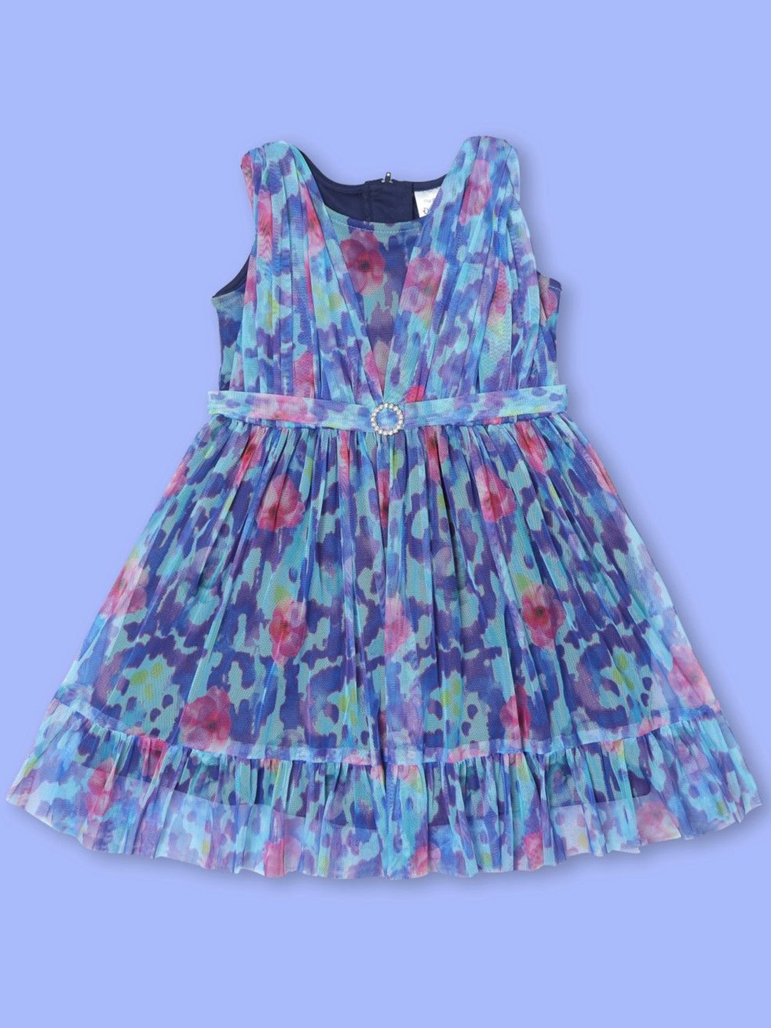 

Doodle Girls Floral Printed Net Fit & Flare Dress, Blue