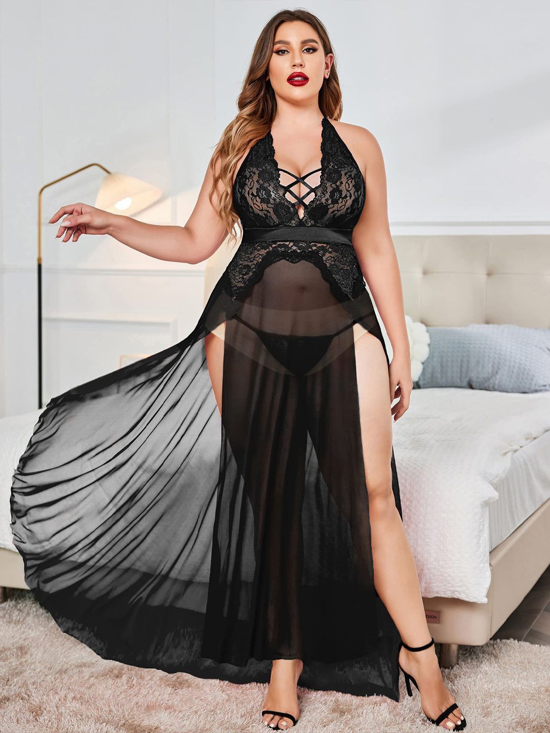 

FIMBUL Women Net Halter Neck Baby Doll, Black