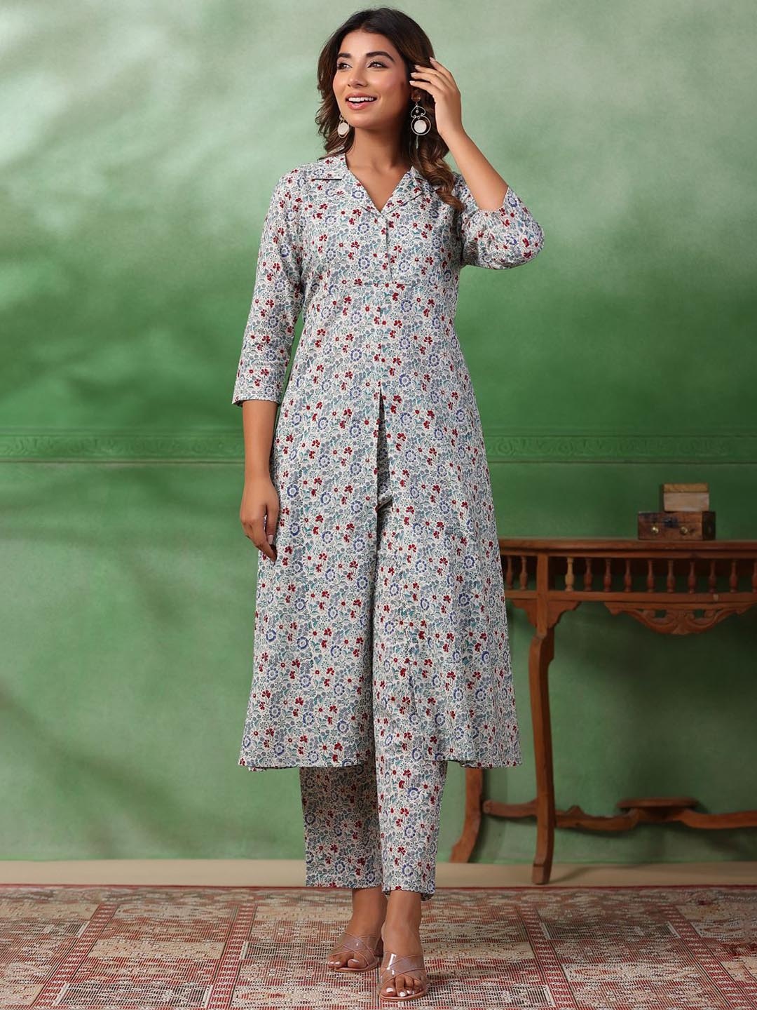 

Sangria Shirt Collar Printed Pure Cotton A-Line Kurta With Trouser Set, Off white