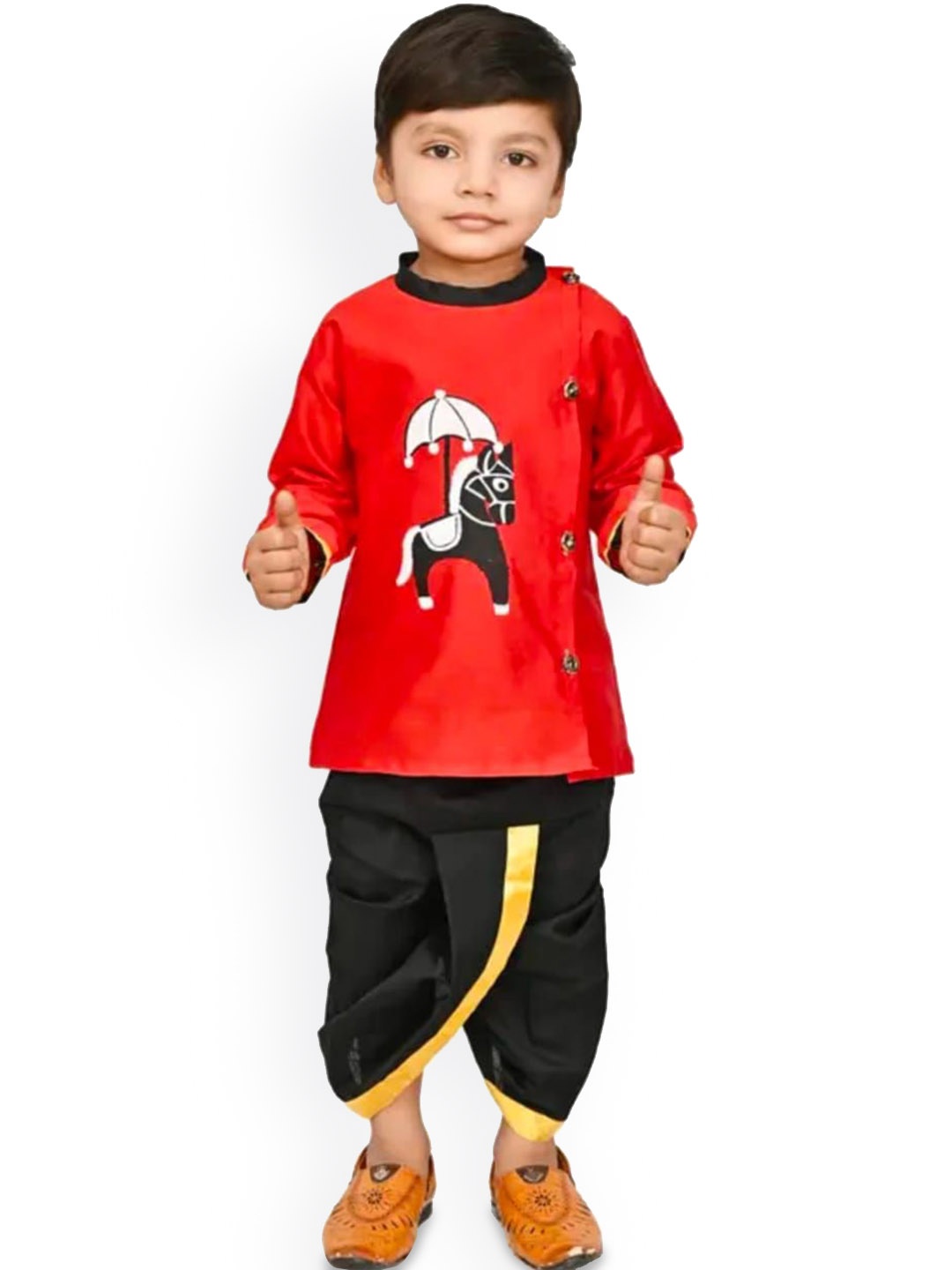 

BAESD Boys Printed Round Neck Regular Straight Kurta With Dhoti Pants, Red