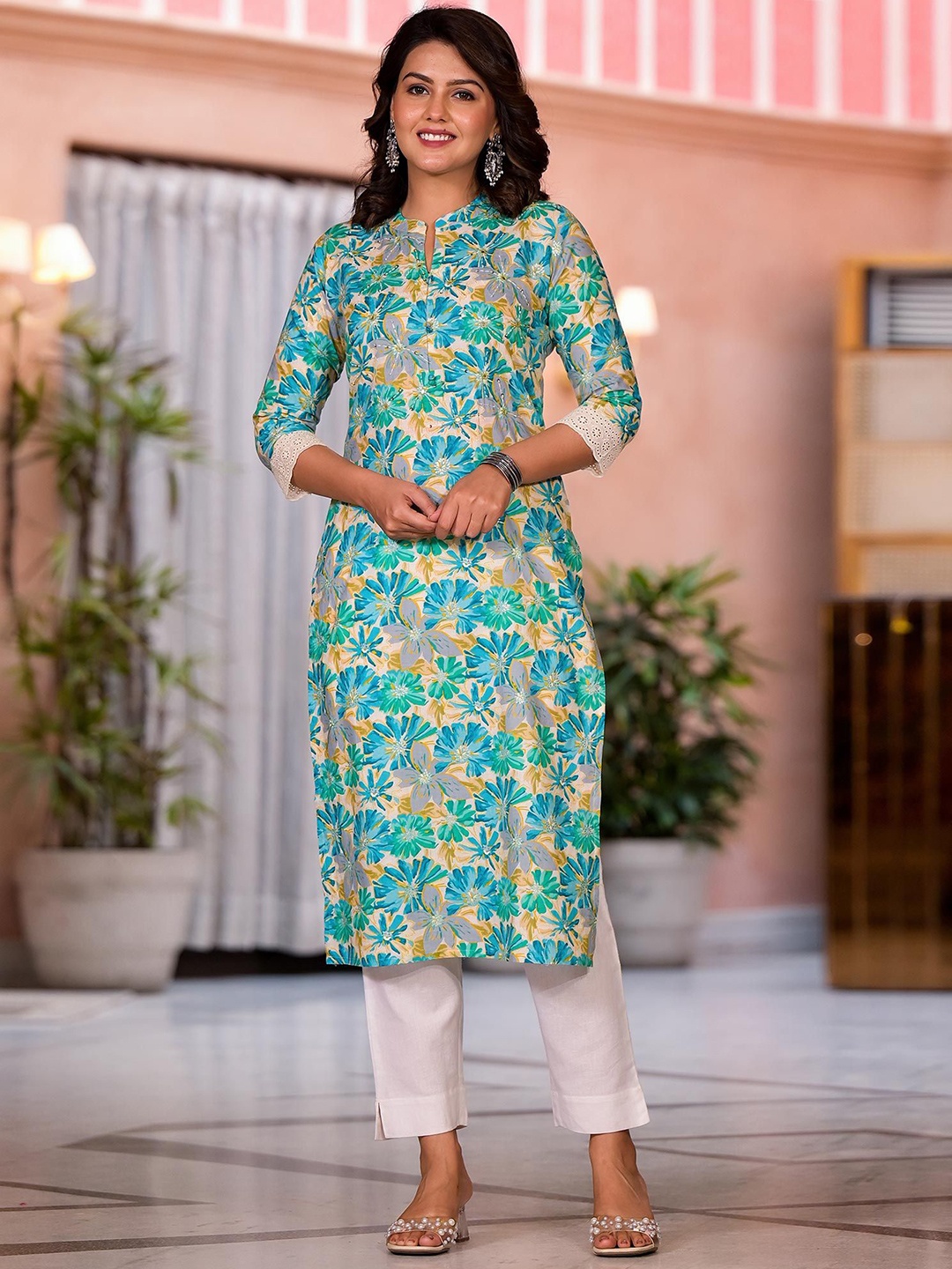 

Peachmode Printed Pure Cotton Straight Kurta, Blue