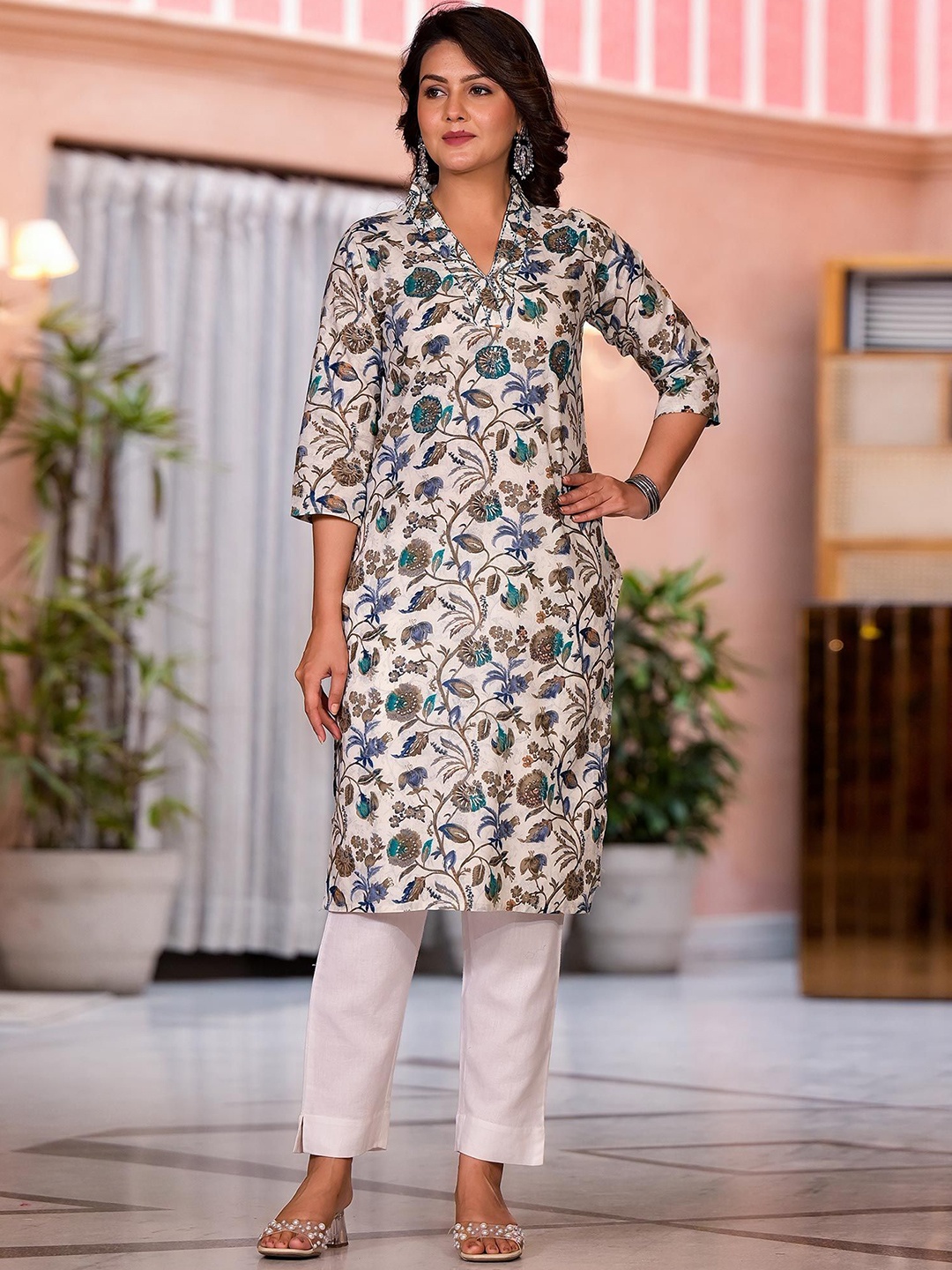 

Peachmode Printed Pure Cotton Straight Kurta, Beige