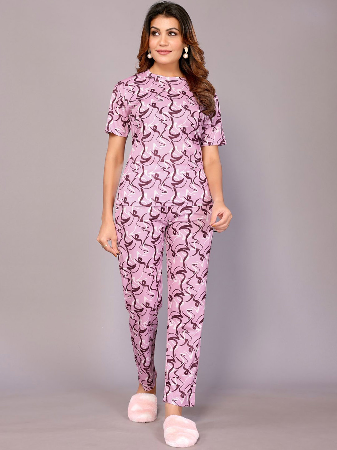 

vj fashion Abstract Printed Round Neck Night Suit, Pink