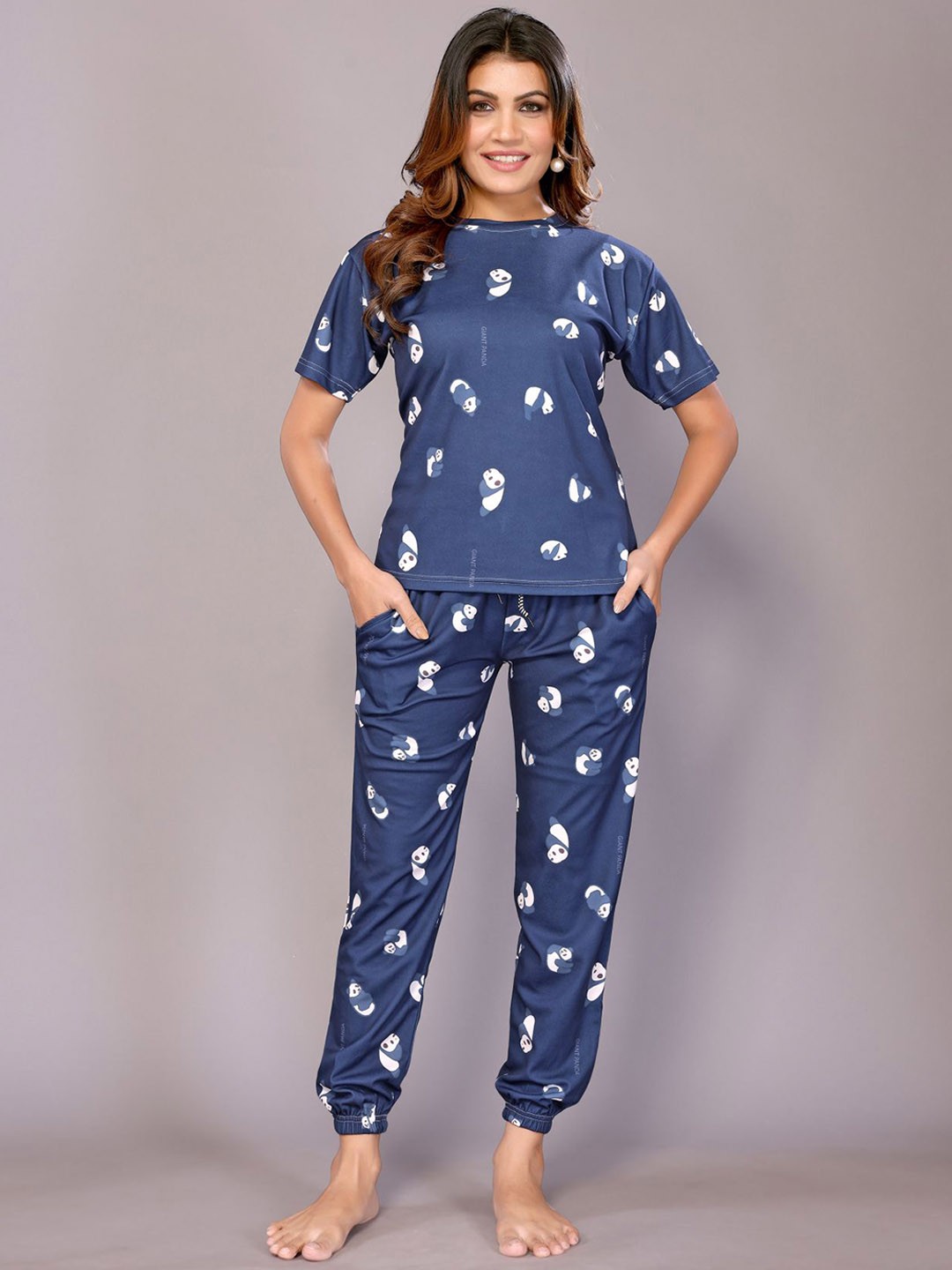 

vj fashion Conversational Printed Round Neck Night Suit, Blue