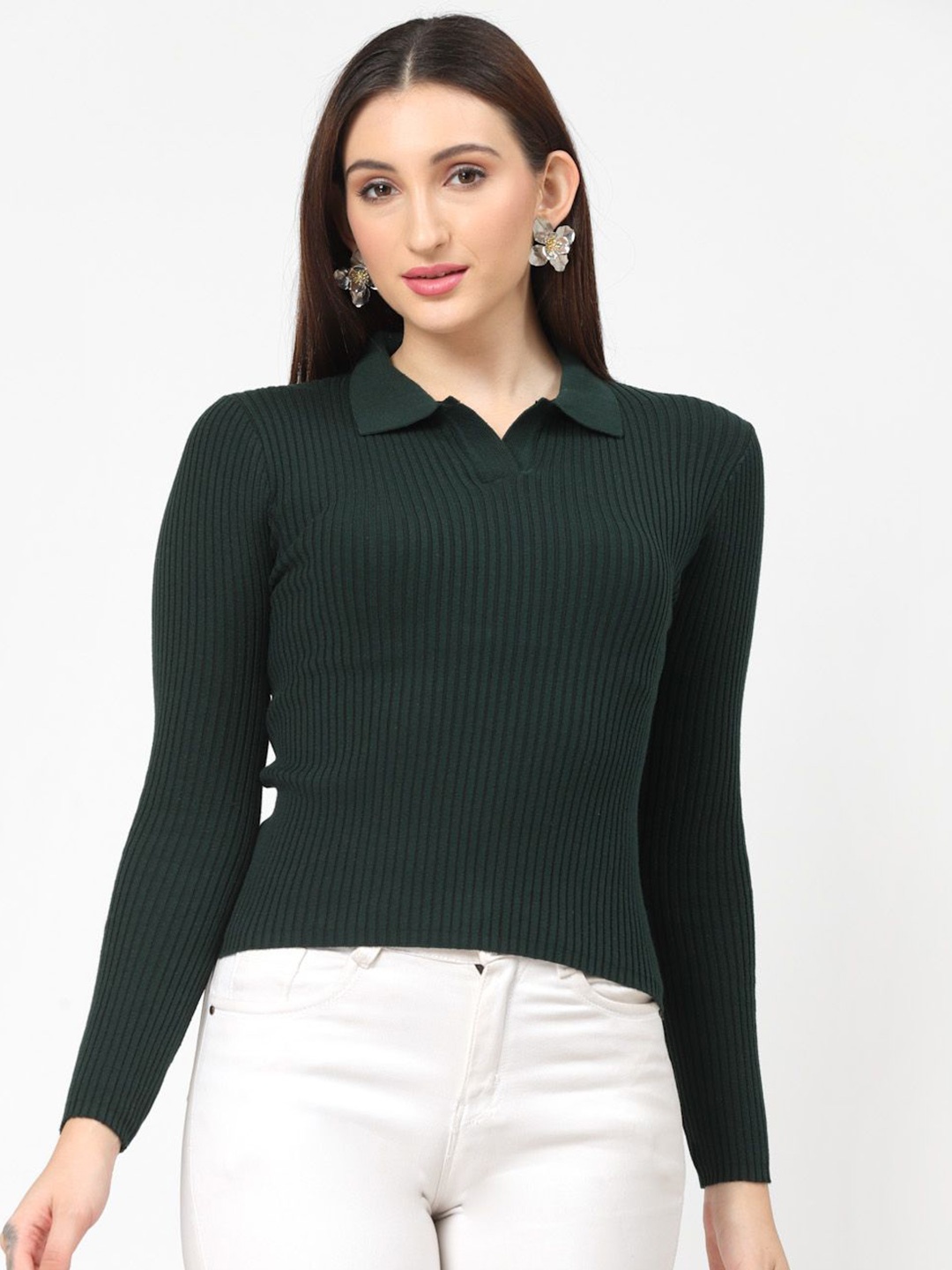 

Kalt Women Green Cotton Full Sleeves Shirt Collr Top