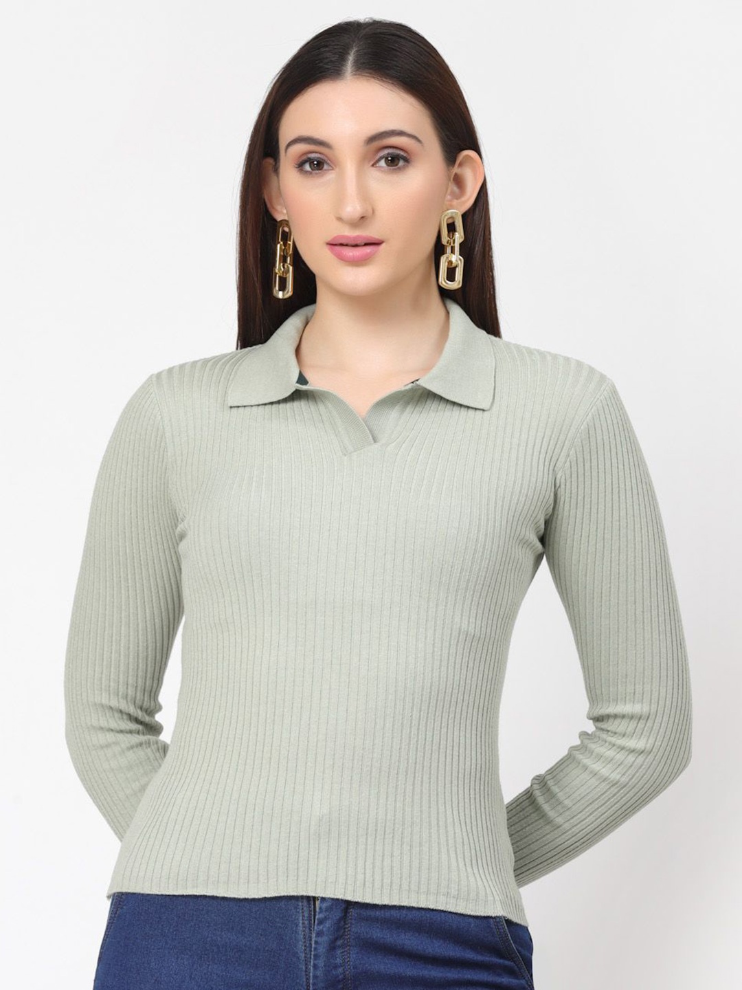 

Kalt Women Cotton Green Long Sleeves Shirt Collar Top