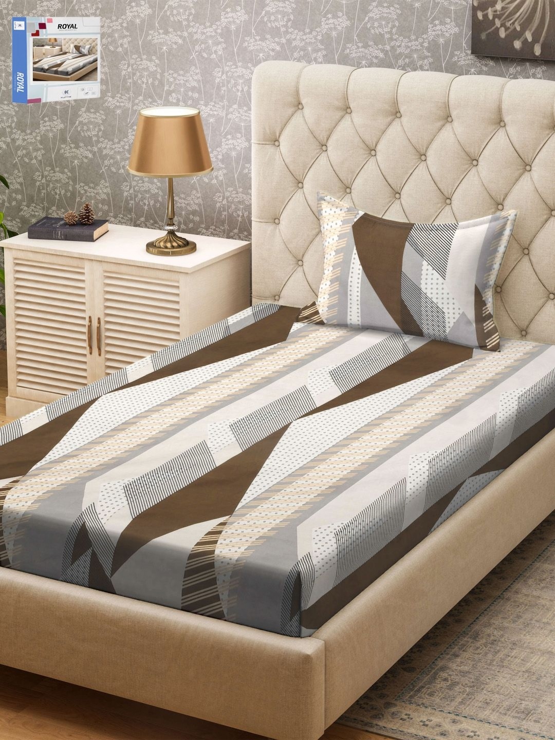 

KLOTTHE Grey & Brown Geometric Printed 300TC Single Bedsheet With Pillow Cover