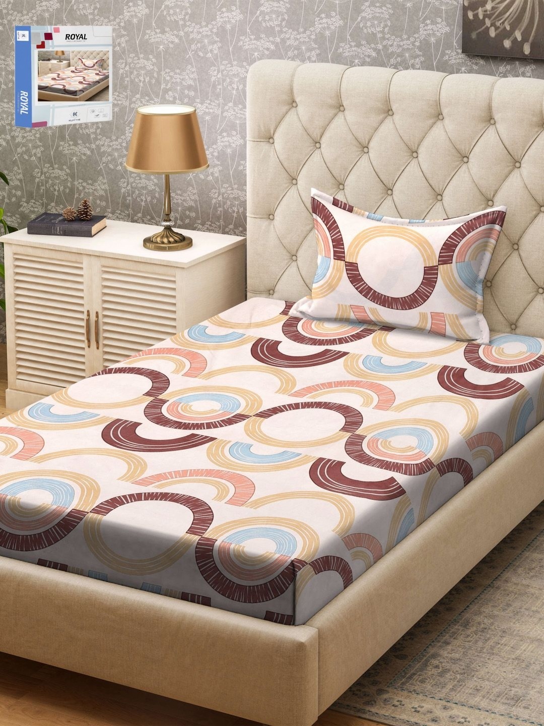 

KLOTTHE Beige & Brown Geometric Printed 300TC Single Bedsheet & 1 Pillow Covers