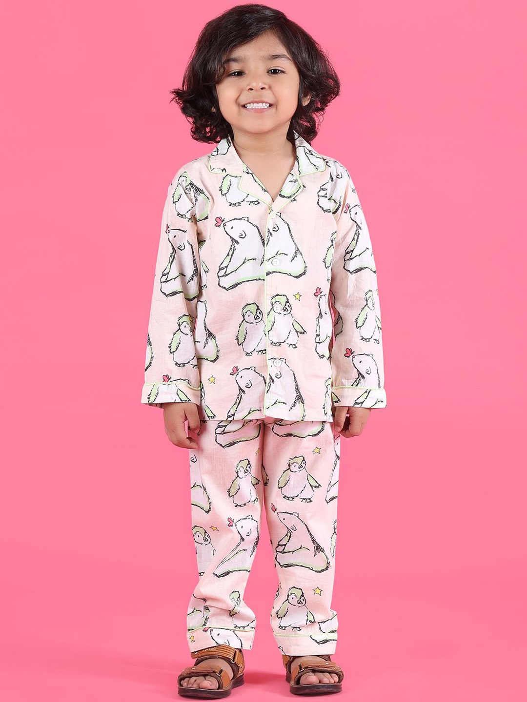 

Polka Tots Boys Printed Pure Cotton Night suit, Peach