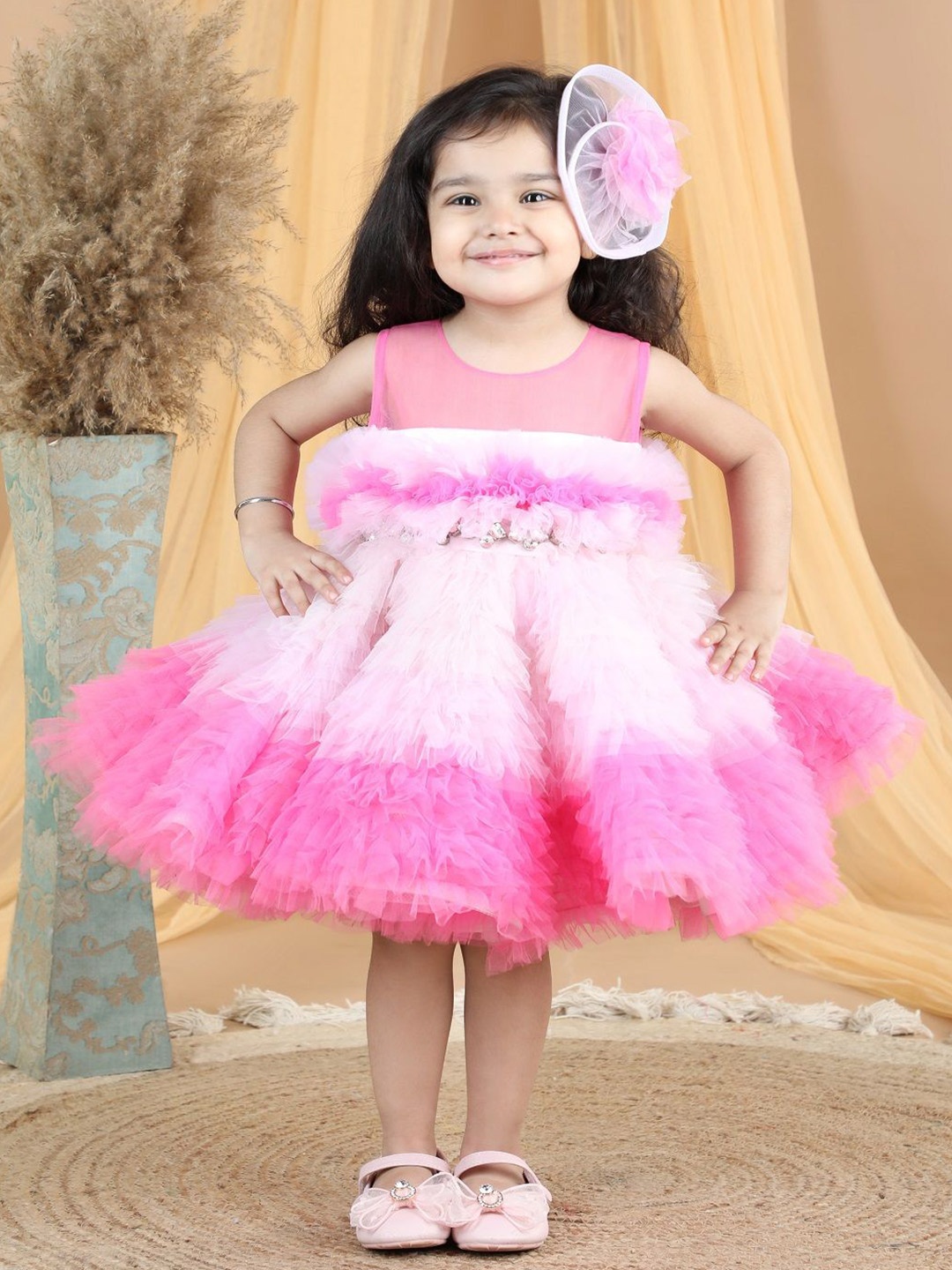 

THE LITTLE CELEBS Girls Tie and Dye Net Fit and Flare Dress, Pink