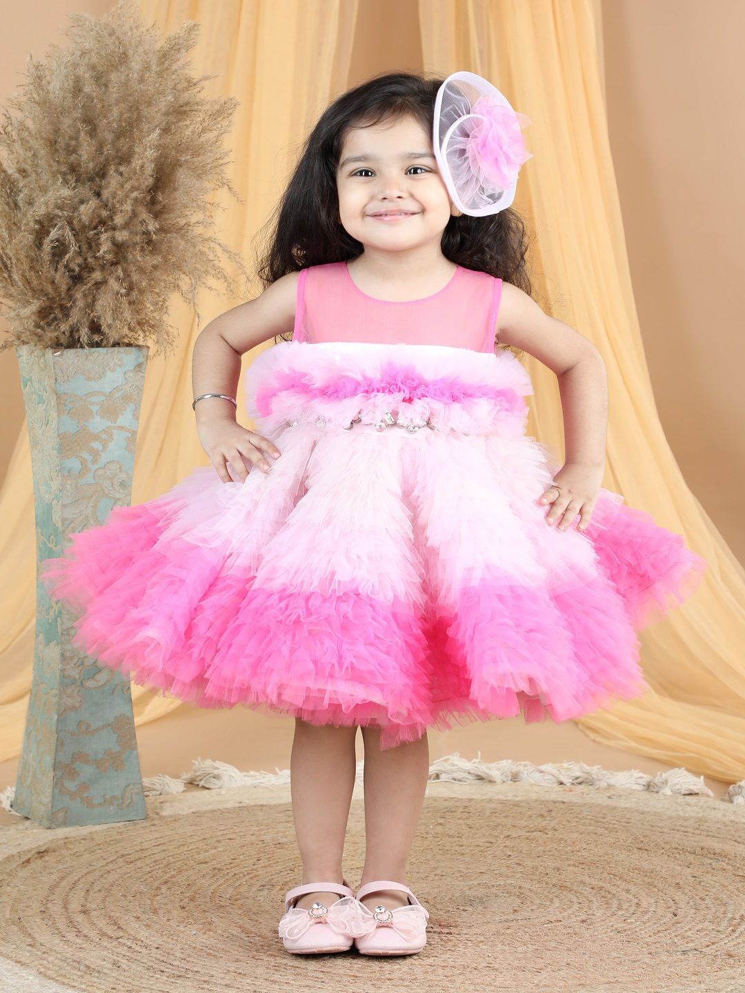 

THE LITTLE CELEBS Girls Tie and Dye Print Net Empire Dress, Pink