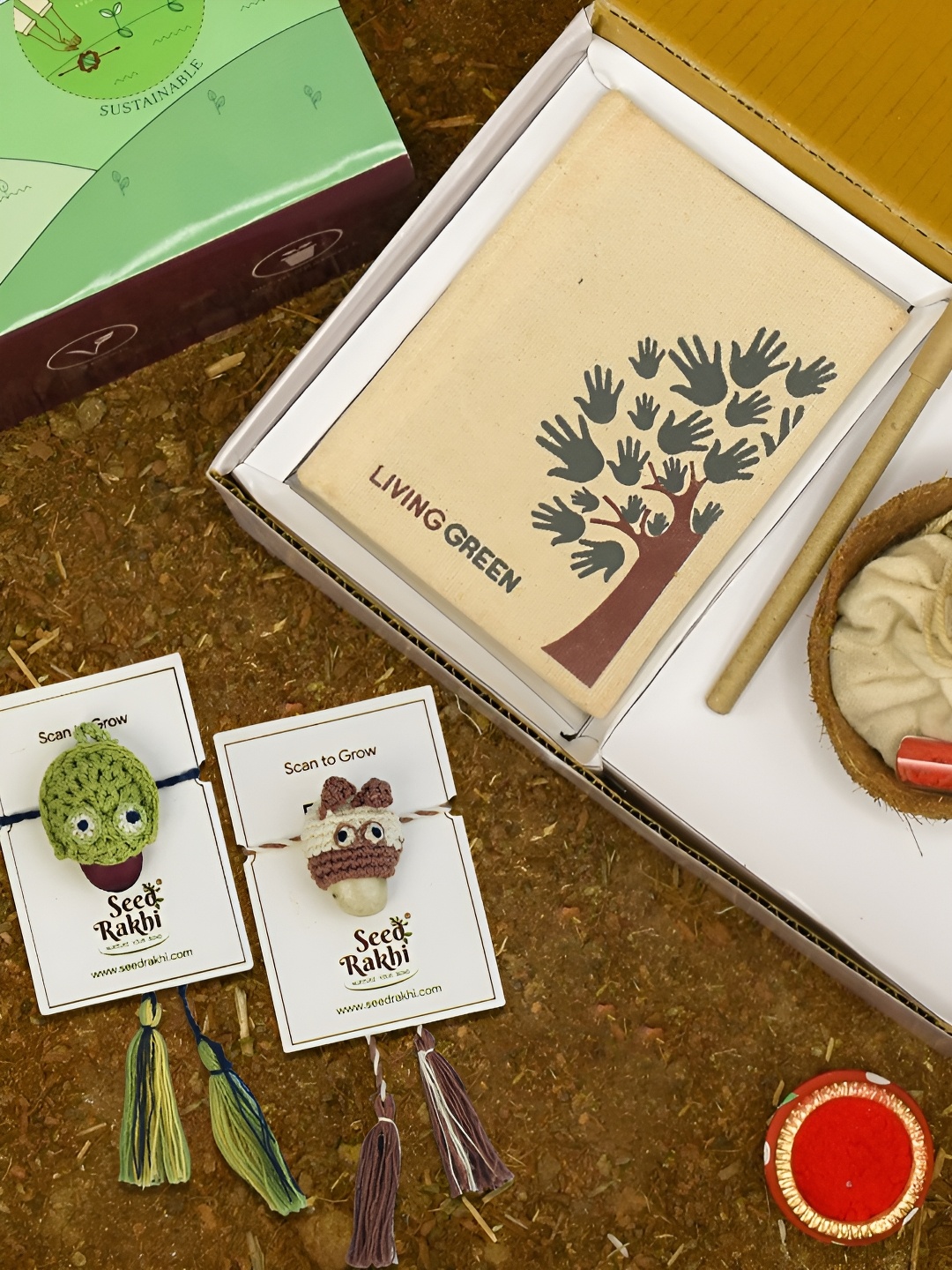 

Indigifts Set Of 2 Rakhi For Brother With Planter & Diary & Pen, Green