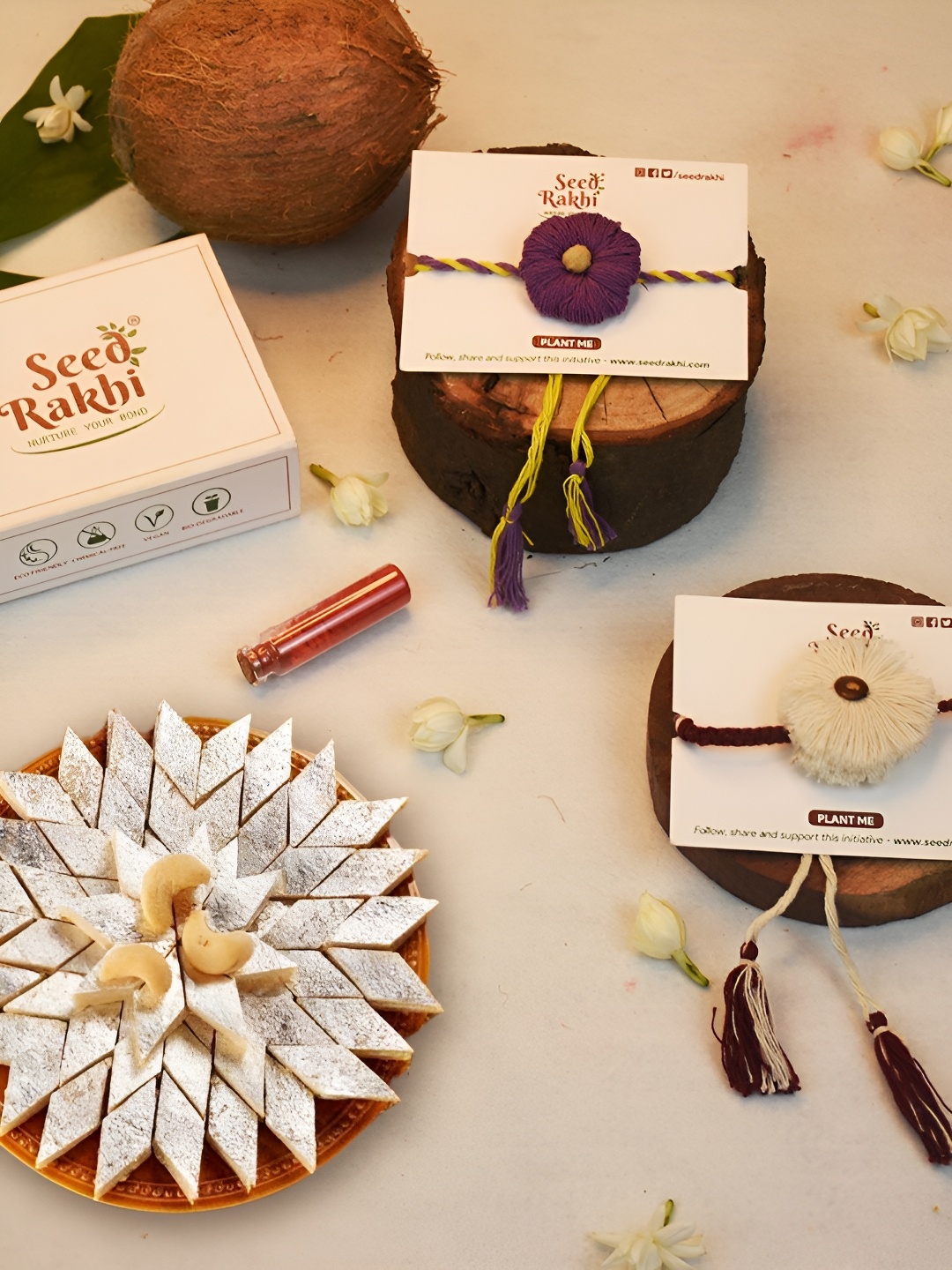 

Indigifts St Of 2 Plantable Rakhi For Brother Kaju Katali Box, Manual & Roli (Multi), Purple