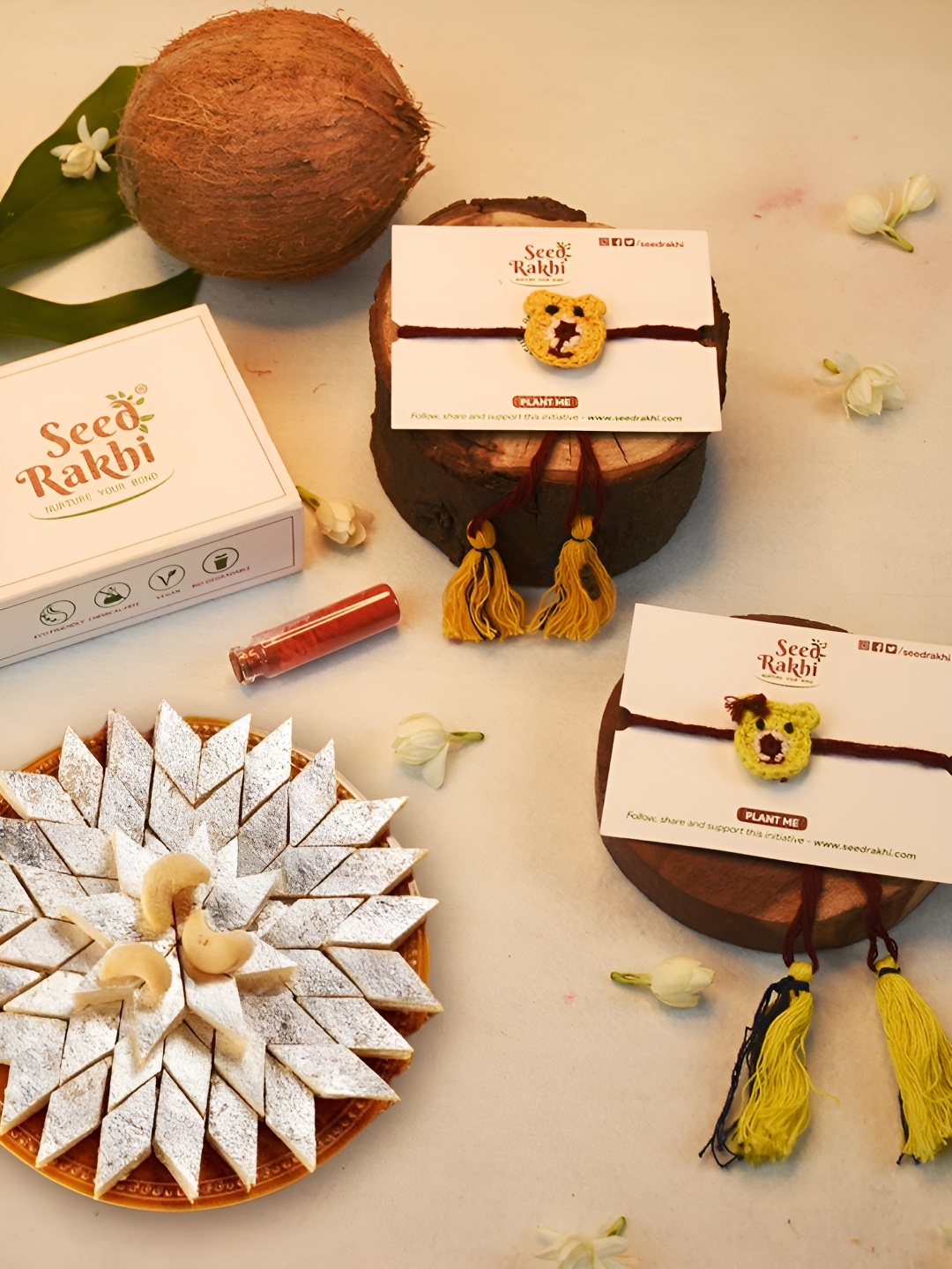 

Indigifts Set Of 2 Plantable Rakhi For Brother Kaju Katali Box, Green