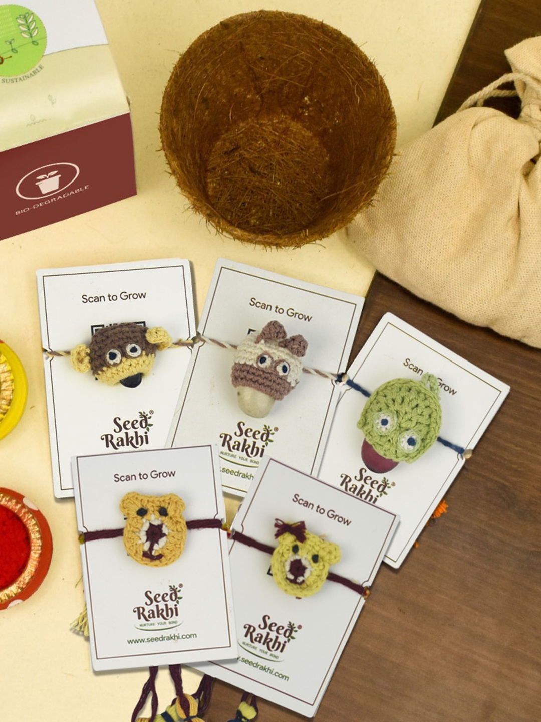 

Indigifts Set Of 5 Plantable Rakhi For Brother With Planter, 1 Diary & Pen, Brown