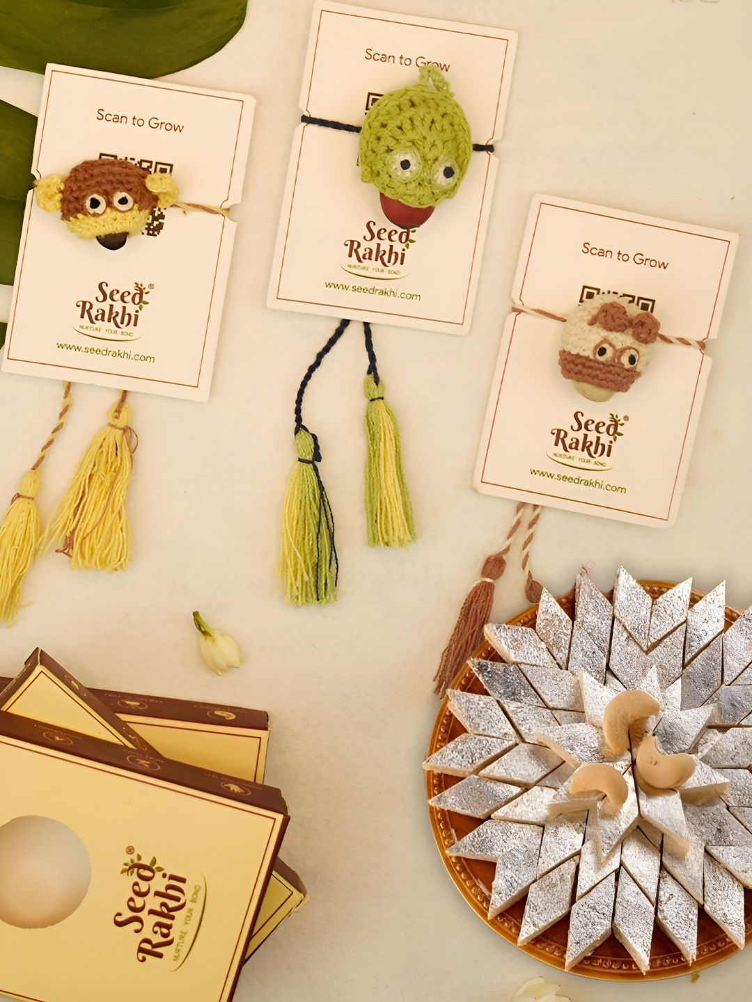 

Indigifts Set Of 4 Plantable Rakhi For Brother With Kaju Katali Box, Green