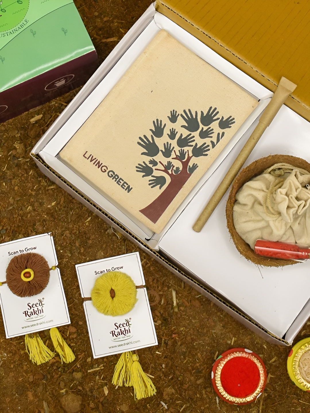 

Indigifts Set Of 2 Seed Rakhi With Planter Dairy & Pen, Brown
