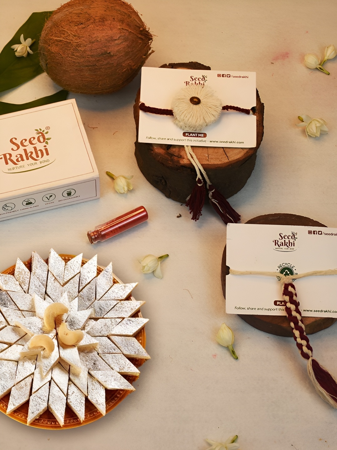 

Indigifts Set of 2 Plantable Rakhi & 1 Instruction Manual With Kaju Katali, Red