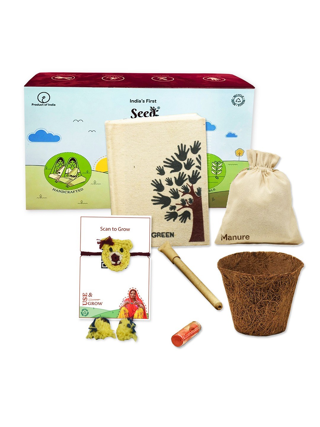 

Indigifts Set Of 2 Seed Rakhi With Planter Dairy & Pen, Red