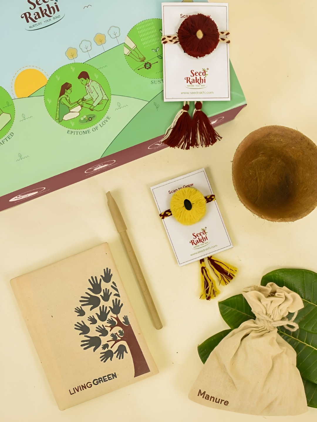 

Indigifts Set of 2 Plantable Rakhi & 1 Instruction Manual With Roli, Yellow