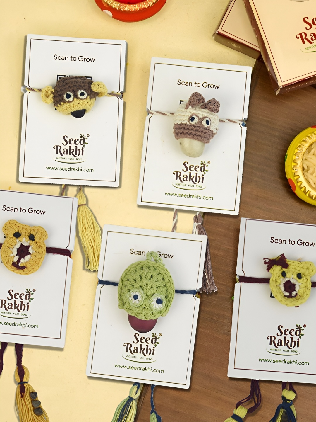 

Indigifts Set Of 5 Rakhi With Seed, Yellow