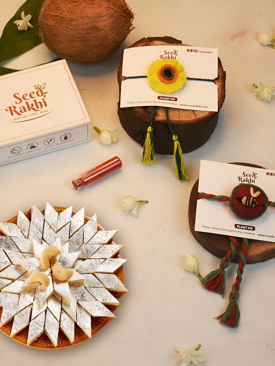 

Indigifts Set of 2 Plantable Rakhi & 1 Instruction Manual With Kaju Katali, White