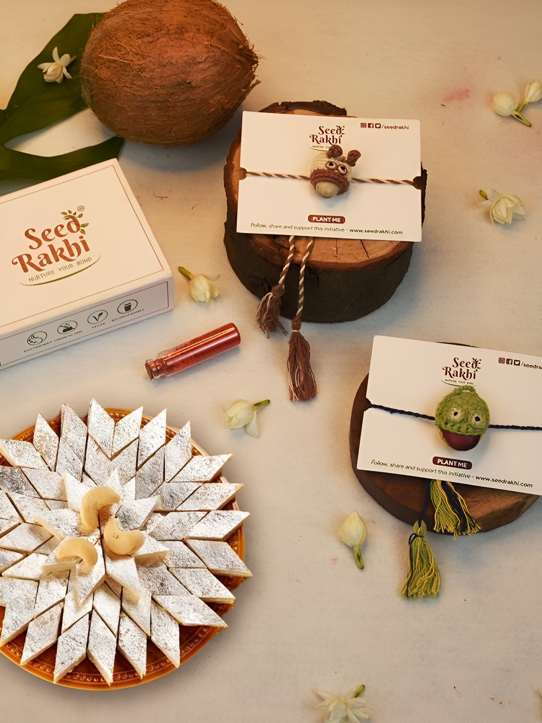 

Indigifts Set Of 3 Plantable Rakhis & Kaju Katlli Box, Brown