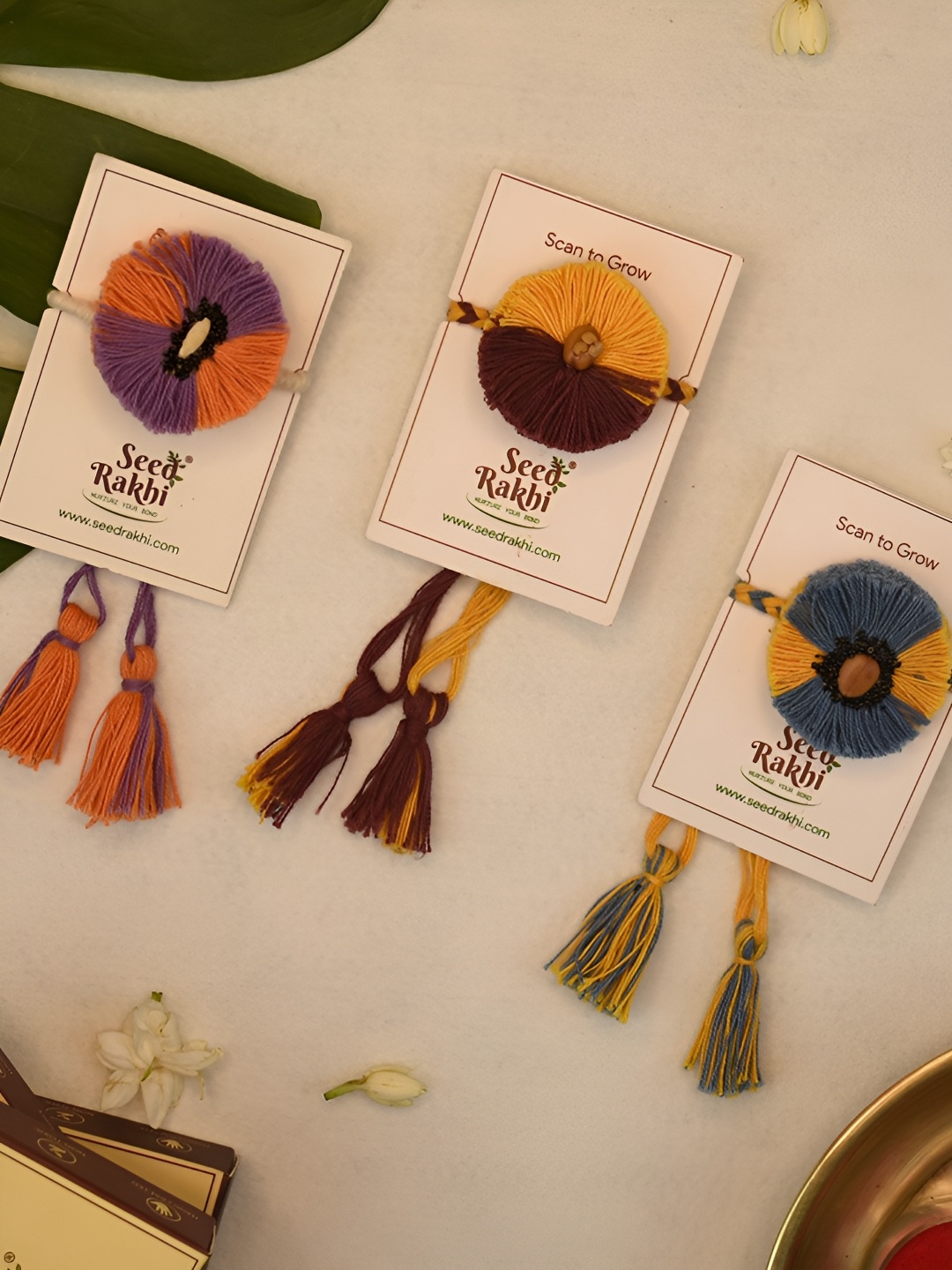 

Indigifts Set Of 3 Plantable Rakhi And Instruction Manual With Roli, Yellow