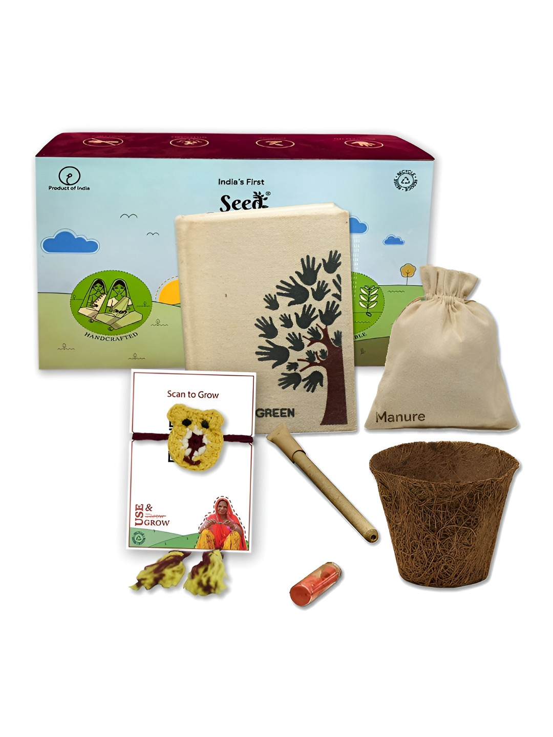 

Indigifts Set Of 7 Seed Plantable Rakhi For Brother With Planter 1 Diary & Pen, Red