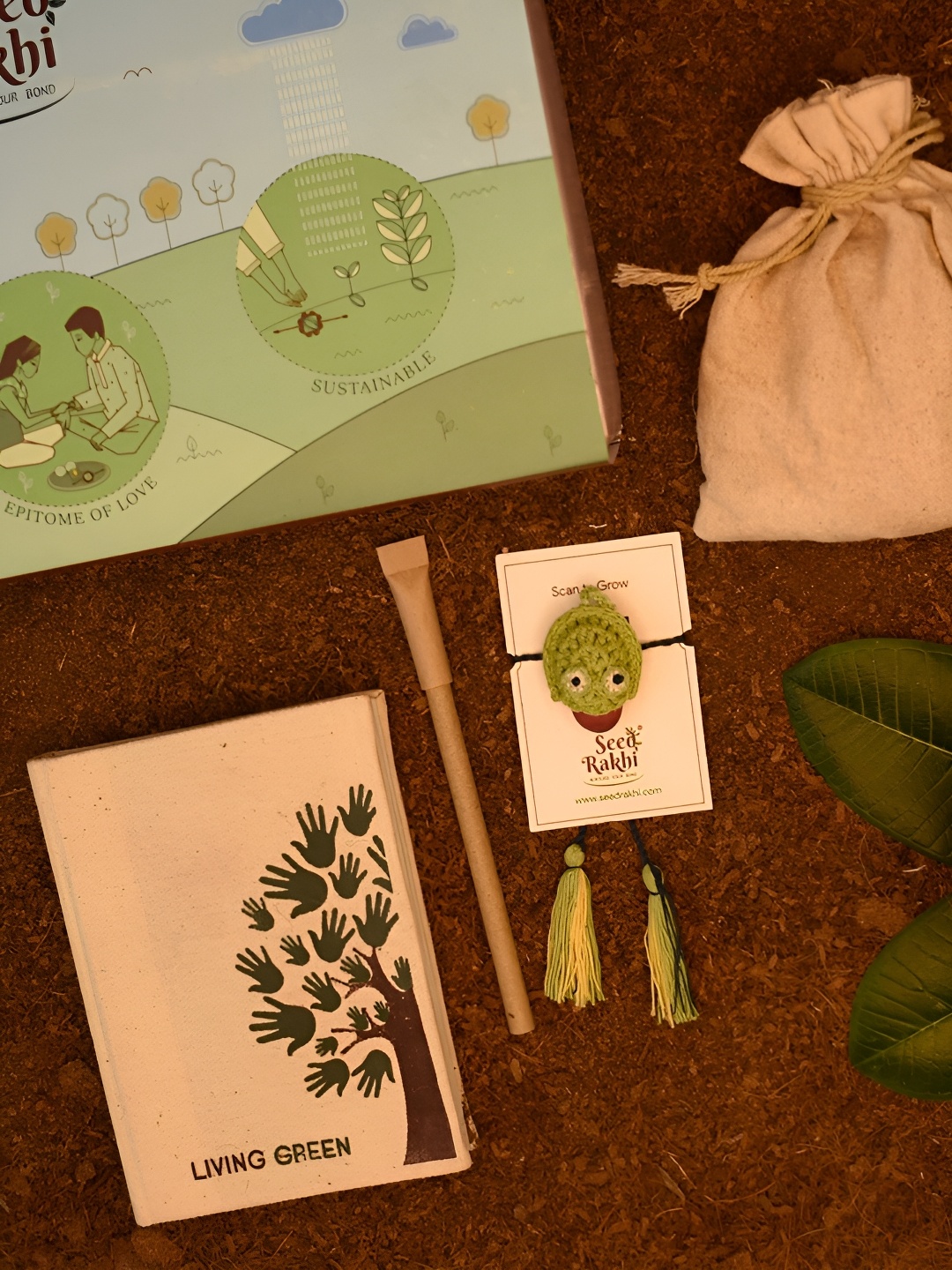 

Indigifts Set Of 3 Plantable Seed Rakhi With Planter Diary & Pen, Green