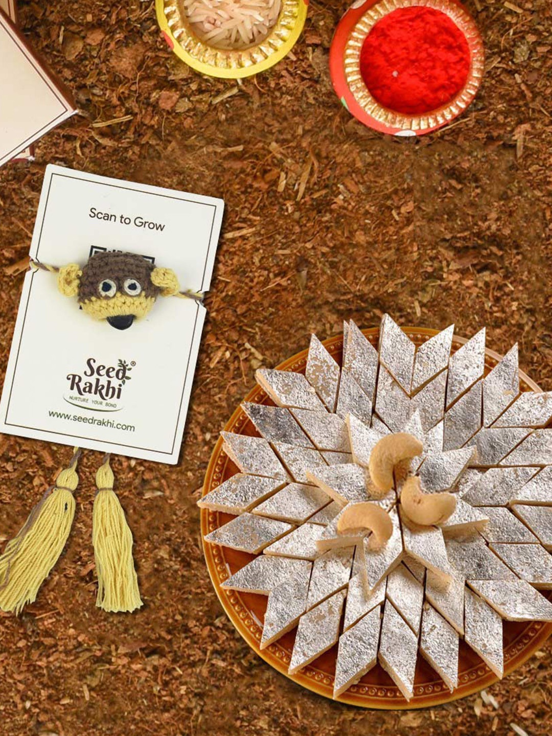 

Indigifts Seed Rakhi For Brother With Kaju Katali Box, Brown