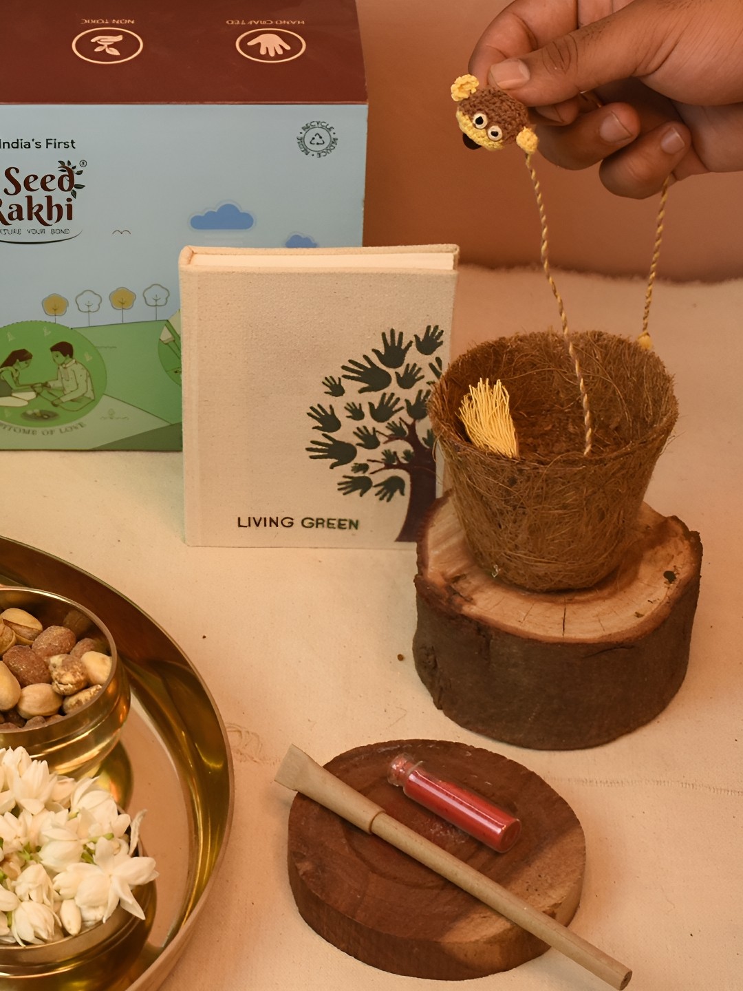 

Indigifts Set Of 3 Cotton Rakhis With Planter & Diary With Pen & Roli Chawal, Brown