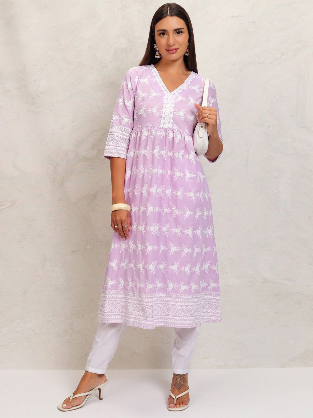 

Vishudh Lavender Floral Embroidered Thread Work Pleated A-Line Kurta