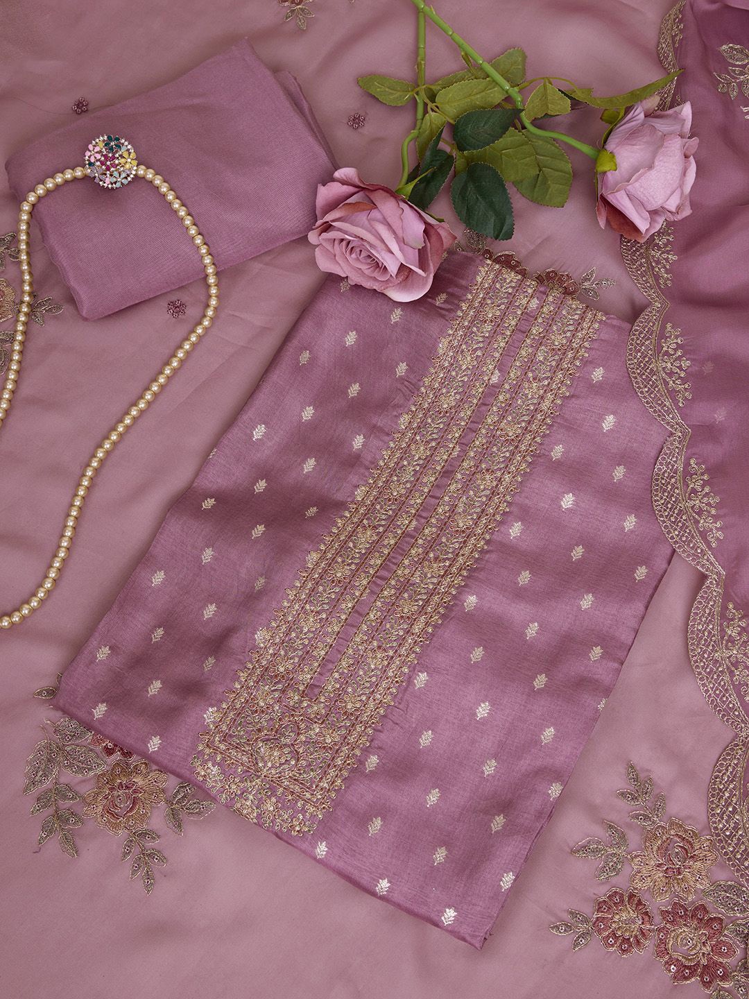 

House of Pataudi Embroidered Unstitched Kurta & Trouser With Dupatta, Mauve